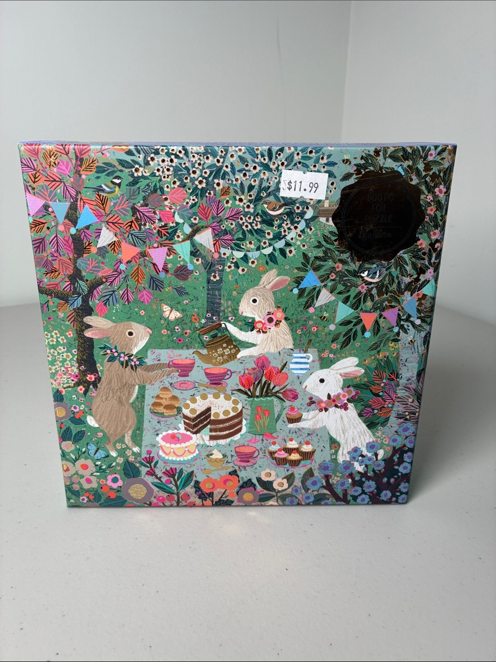 Bunny Tea Party Kids Puzzle - Floral Green Illustration